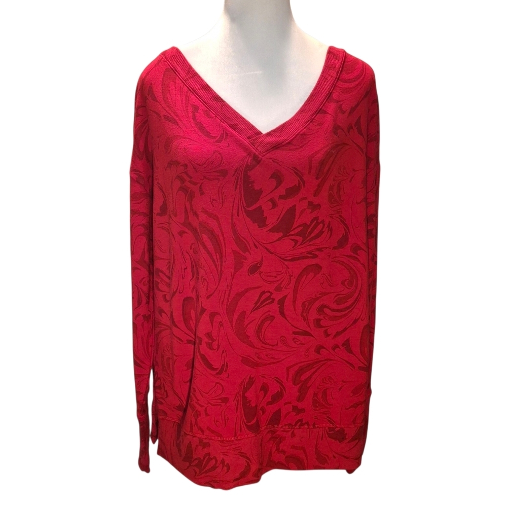 Athleta Coaster Luxe V-Neck Red Paisley Sweatshirt   Women Size Small Petite